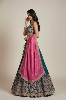 Teal Embroidery Tissue Lehenga Choli with Dupatta 3
