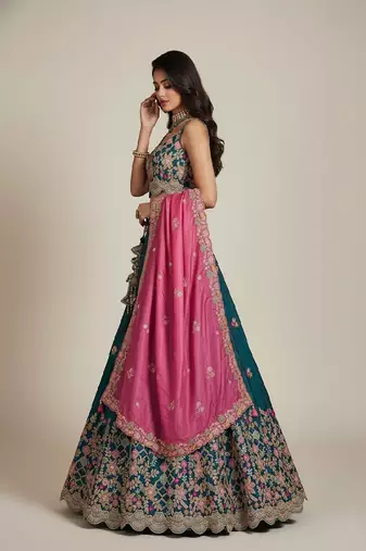 Teal Embroidery Tissue Lehenga Choli with Dupatta