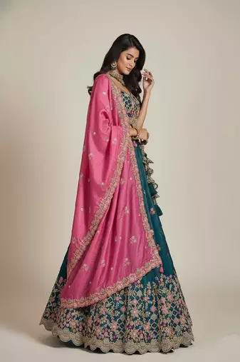 Teal Embroidery Tissue Lehenga Choli with Dupatta