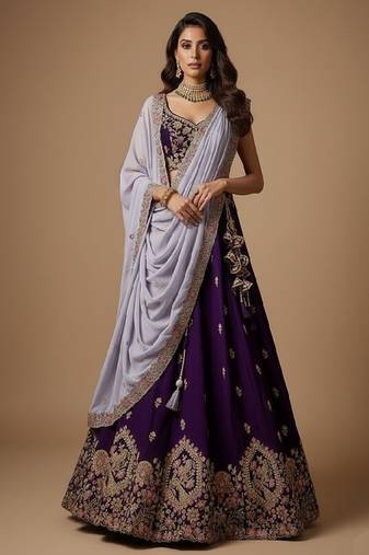 Purple Embroidery Georgette Lehenga Choli with Dupatta