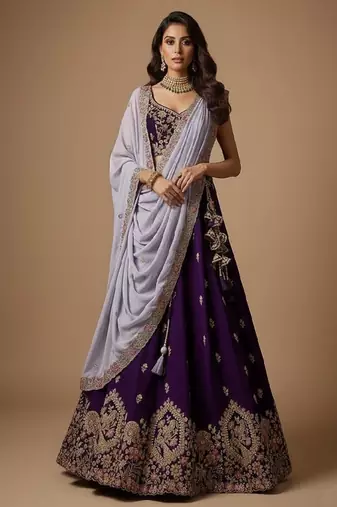 Purple Embroidery Georgette Lehenga Choli with Dupatta