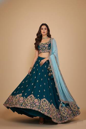 Teal Embroidery Georgette Lehenga Choli with Dupatta