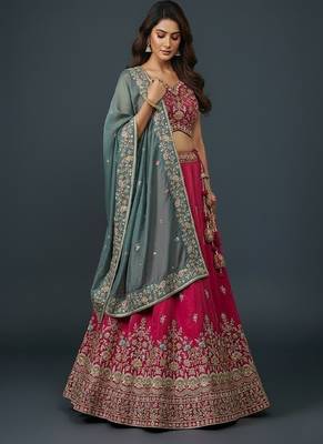 Rani Pink Embroidery Cosmos Silk Lehenga Choli with Dupatta 1