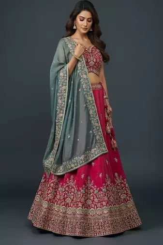 Rani Pink Embroidery Cosmos Silk Lehenga Choli with Dupatta
