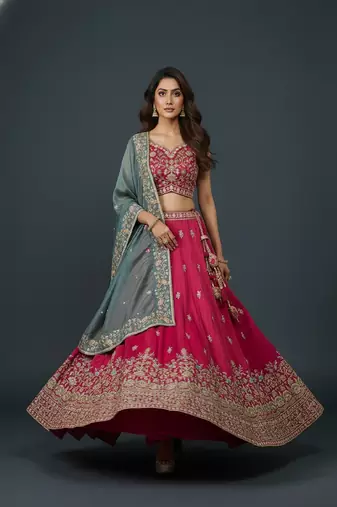 Rani Pink Embroidery Cosmos Silk Lehenga Choli with Dupatta