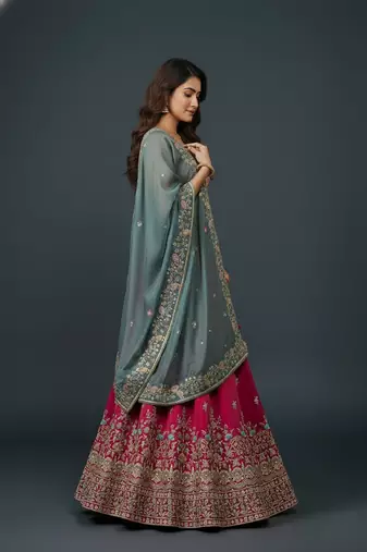 Rani Pink Embroidery Cosmos Silk Lehenga Choli with Dupatta