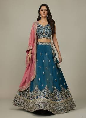 Teal Embroidery Cosmos Silk Lehenga Choli with Dupatta 1