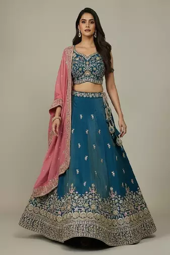 Teal Embroidery Cosmos Silk Lehenga Choli with Dupatta