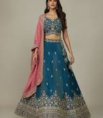 Teal Embroidery Cosmos Silk Lehenga Choli with Dupatta