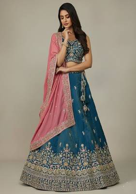 Teal Embroidery Cosmos Silk Lehenga Choli with Dupatta 2