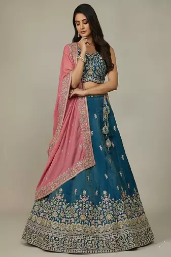 Teal Embroidery Cosmos Silk Lehenga Choli with Dupatta