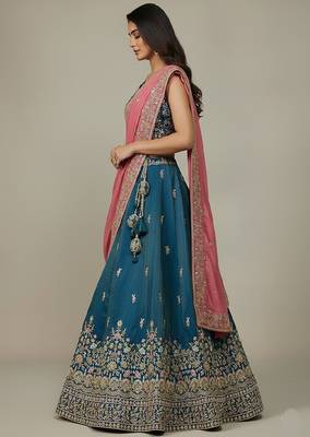 Teal Embroidery Cosmos Silk Lehenga Choli with Dupatta 3