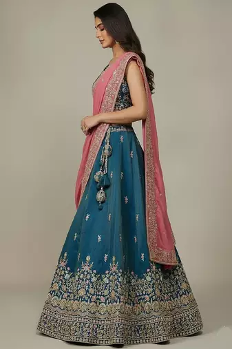Teal Embroidery Cosmos Silk Lehenga Choli with Dupatta