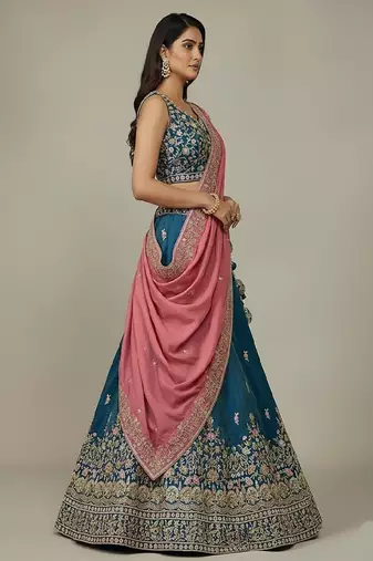 Teal Embroidery Cosmos Silk Lehenga Choli with Dupatta