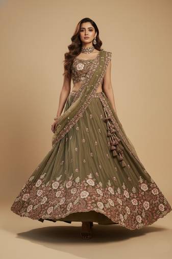Olive Embroidery Satin Lehenga Choli with Dupatta