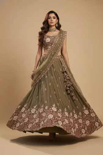 Olive Embroidery Satin Lehenga Choli with Dupatta