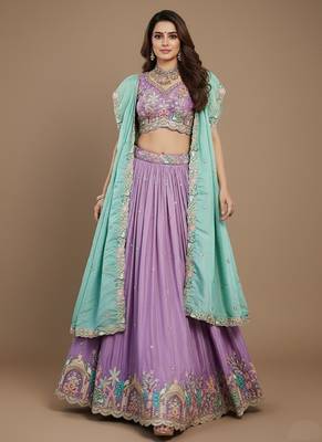 Lavender Embroidery Satin Lehenga Choli with Dupatta 1