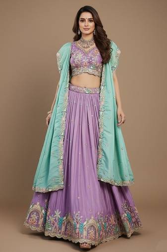 Lavender Embroidery Satin Lehenga Choli with Dupatta