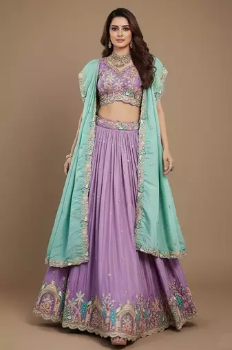Lavender Embroidery Satin Lehenga Choli with Dupatta