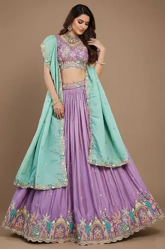 Lavender Embroidery Satin Lehenga Choli with Dupatta