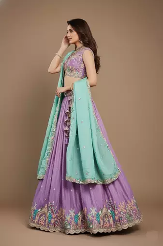 Lavender Embroidery Satin Lehenga Choli with Dupatta