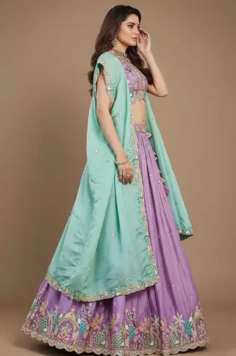 Lavender Embroidery Satin Lehenga Choli with Dupatta