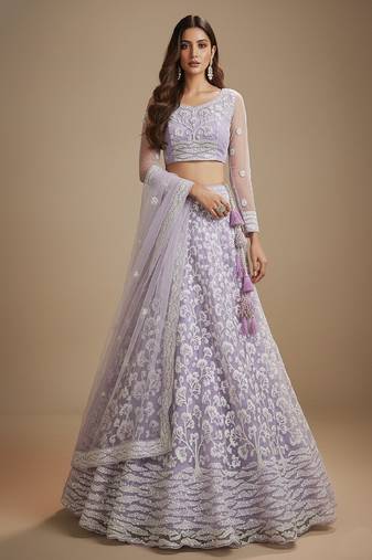 Lavender Embroidery Net Lehenga Choli with Dupatta