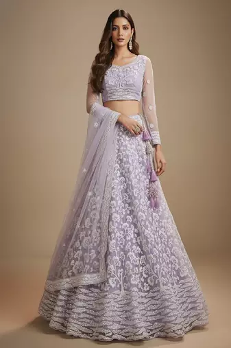 Lavender Embroidery Net Lehenga Choli with Dupatta