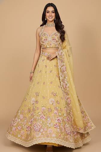 Yellow Embroidery Organza Lehenga Choli with Dupatta
