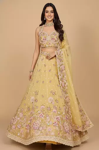 Yellow Embroidery Organza Lehenga Choli with Dupatta