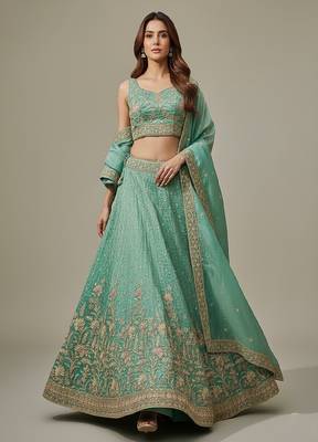 Sea Green Embroidery Tissue Lehenga Choli with Dupatta 1