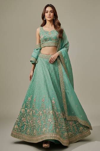 Sea Green Embroidery Tissue Lehenga Choli with Dupatta
