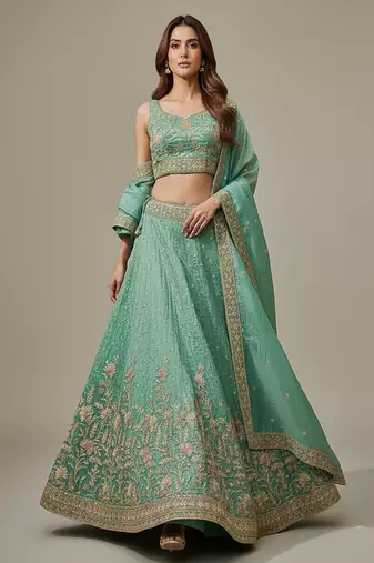 Sea Green Embroidery Tissue Lehenga Choli with Dupatta