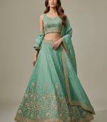 Sea Green Embroidery Tissue Lehenga Choli with Dupatta