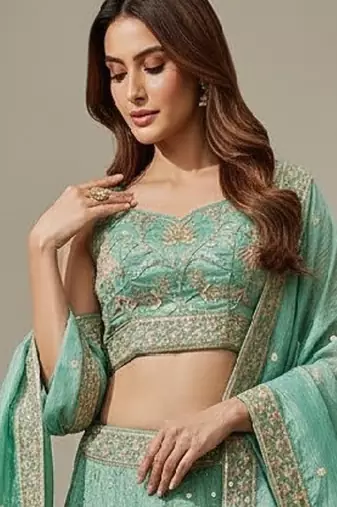 Sea Green Embroidery Tissue Lehenga Choli with Dupatta