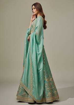 Sea Green Embroidery Tissue Lehenga Choli with Dupatta 3