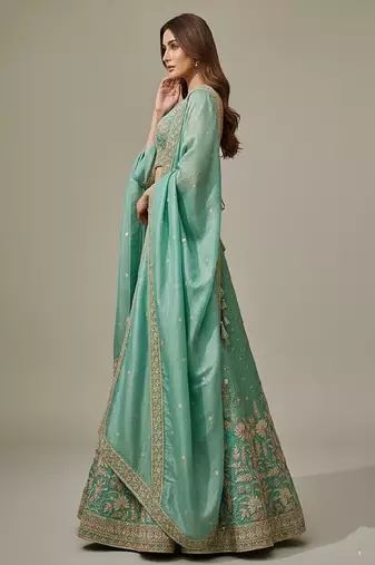 Sea Green Embroidery Tissue Lehenga Choli with Dupatta