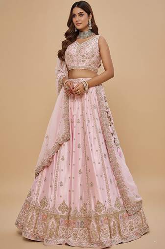 Light Pink Embroidery Silk Lehenga Choli with Dupatta