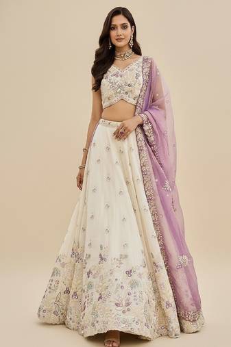 Cream Embroidery Tissue Lehenga Choli with Dupatta