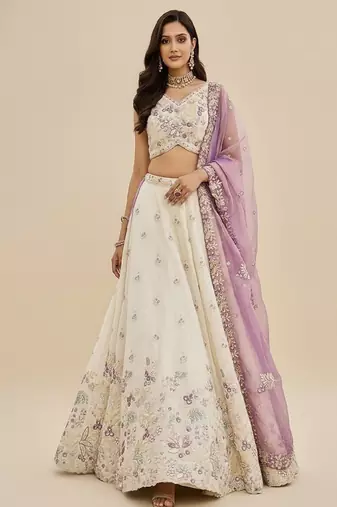 Cream Embroidery Tissue Lehenga Choli with Dupatta