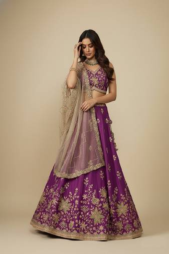 Purple Embroidery Georgette Lehenga Choli with Dupatta