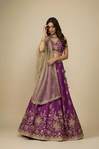 Purple Embroidery Georgette Lehenga Choli with Dupatta