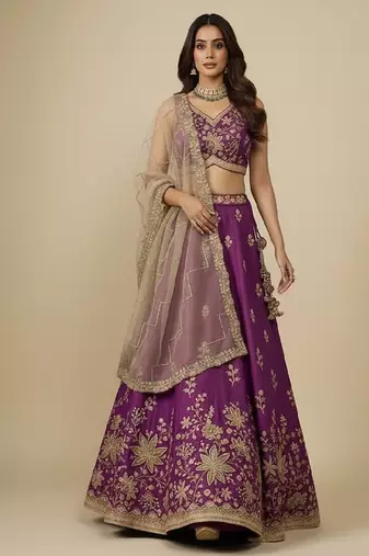 Purple Embroidery Georgette Lehenga Choli with Dupatta