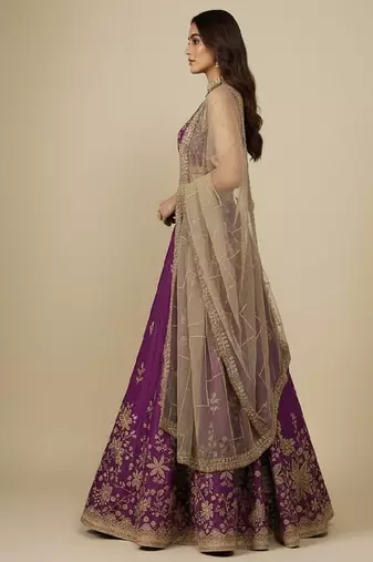 Purple Embroidery Georgette Lehenga Choli with Dupatta