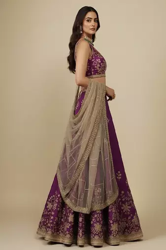Purple Embroidery Georgette Lehenga Choli with Dupatta