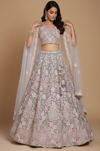Grey Embroidery Net Lehenga Choli with Dupatta