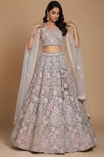 Grey Embroidery Net Lehenga Choli with Dupatta