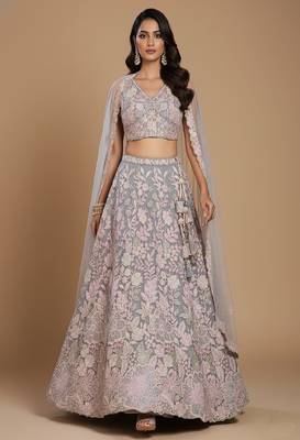 Grey Embroidery Net Lehenga Choli with Dupatta 2