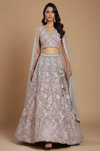 Grey Embroidery Net Lehenga Choli with Dupatta
