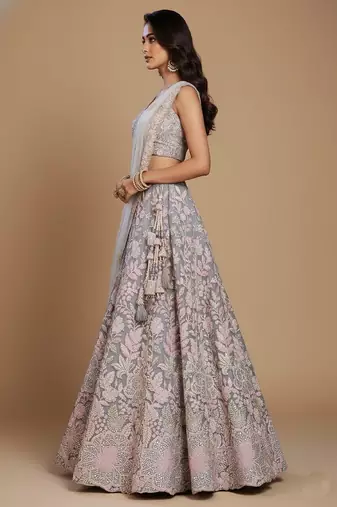 Grey Embroidery Net Lehenga Choli with Dupatta